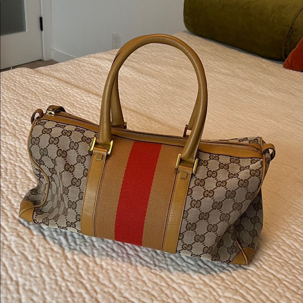 Gucci Beige and Red Boston Satchel Bag